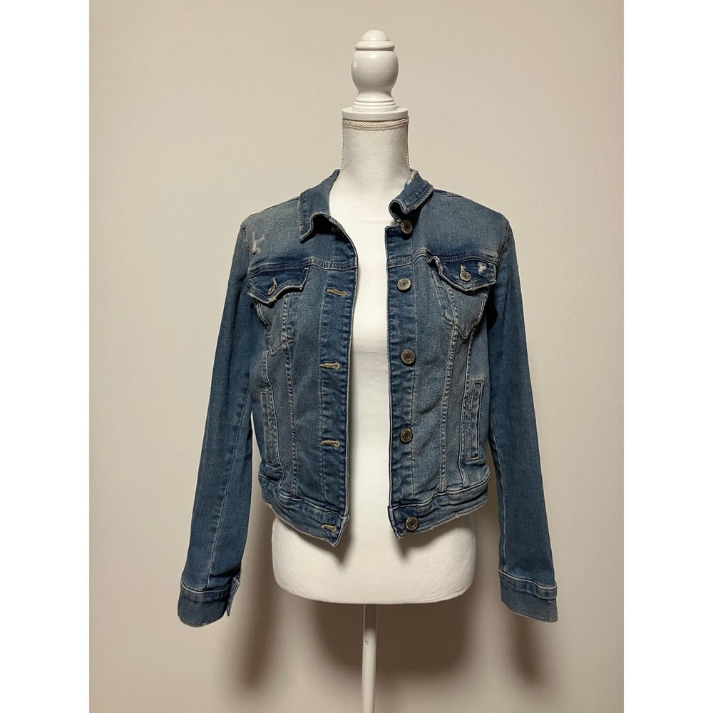 SO Womens Denim Trucker Jacket S Blue Distressed Cotton Blend Stretch